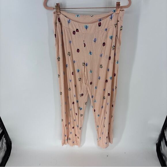 Soma Peach Sleepwear button up shirt pant set with beetle Insect Design womens M - Picture 7 of 11